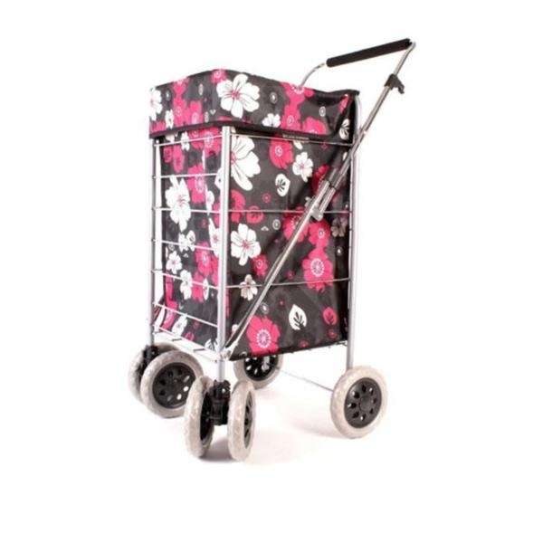 Premium 6 Wheel Shopping Trolley with Adjustable Handle Grocery Bag Black & Purple Flower 
