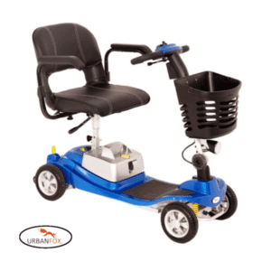 Illusion Hire mobility scooter with blue frame and black seat and basket