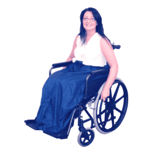 Woman using wheelchair with padded leg cosy